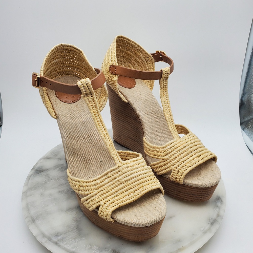 Tory Burch Carina Macrame Straw Wedge Sandals Royal Tan Leather T-Strap‎ US 9.5M